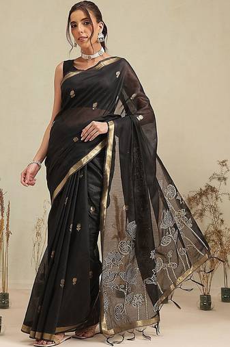 Black embroidered cotton blend traditional saree with blouse piece