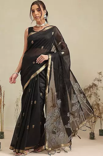 Black embroidered cotton blend traditional saree with blouse piece