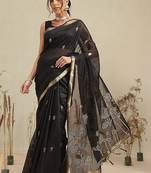 Black embroidered cotton blend traditional saree with blouse piece
