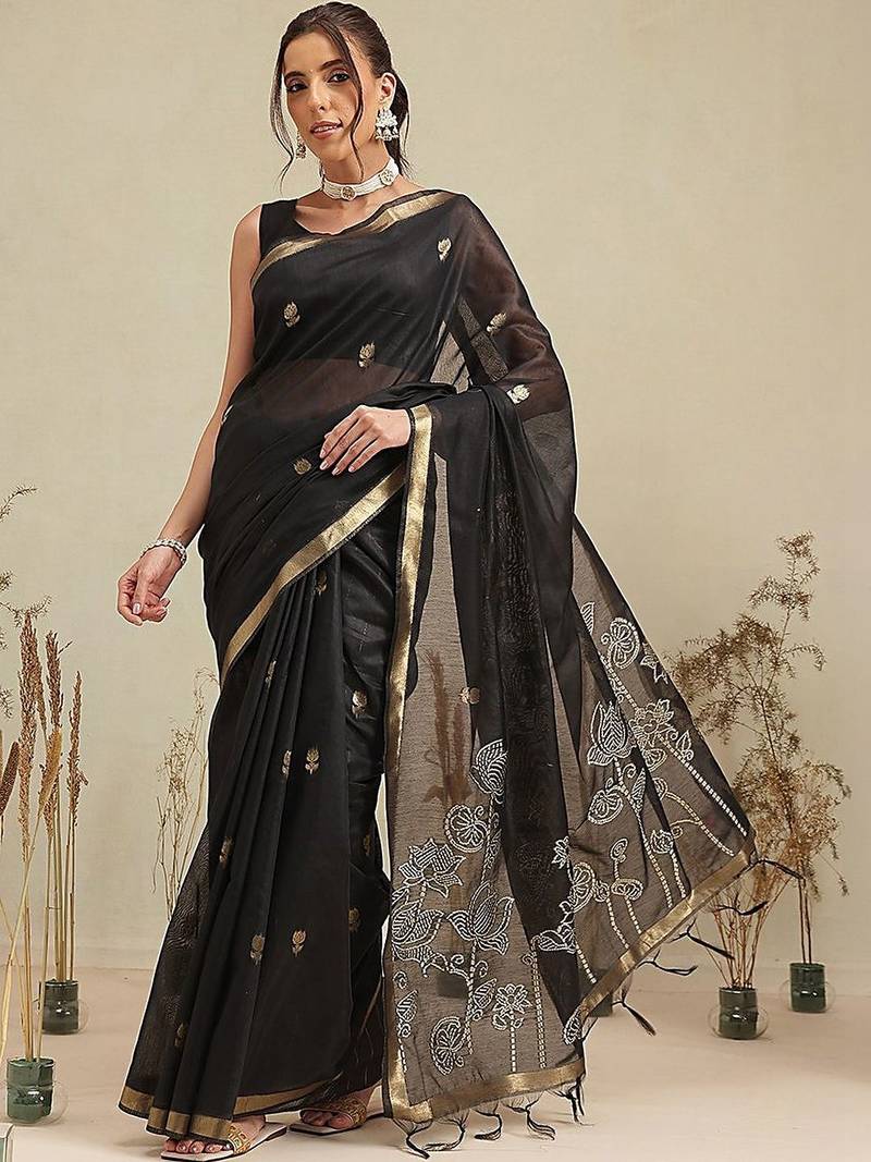 Black embroidered cotton blend traditional saree with blouse piece