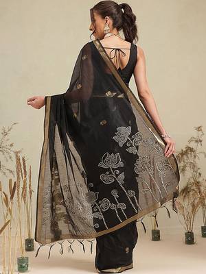 Black embroidered cotton blend traditional saree with blouse piece 2