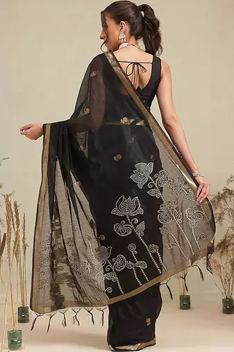 Black embroidered cotton blend traditional saree with blouse piece