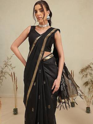 Black embroidered cotton blend traditional saree with blouse piece 3