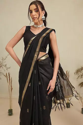 Black embroidered cotton blend traditional saree with blouse piece