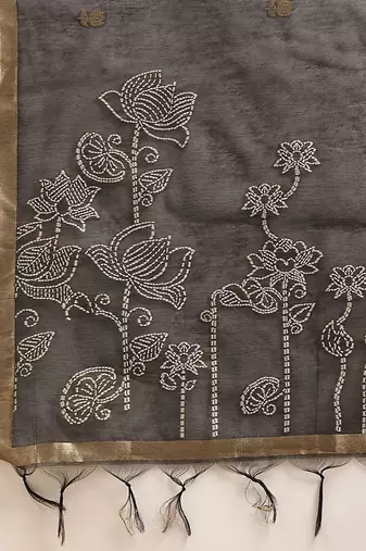 Black embroidered cotton blend traditional saree with blouse piece