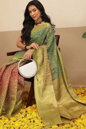 Multicolor printed tissue traditional saree with blouse piece