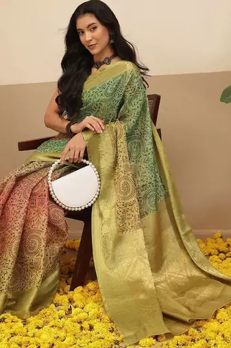 Multicolor printed tissue traditional saree with blouse piece