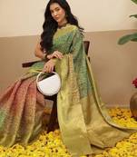 Multicolor printed tissue traditional saree with blouse piece