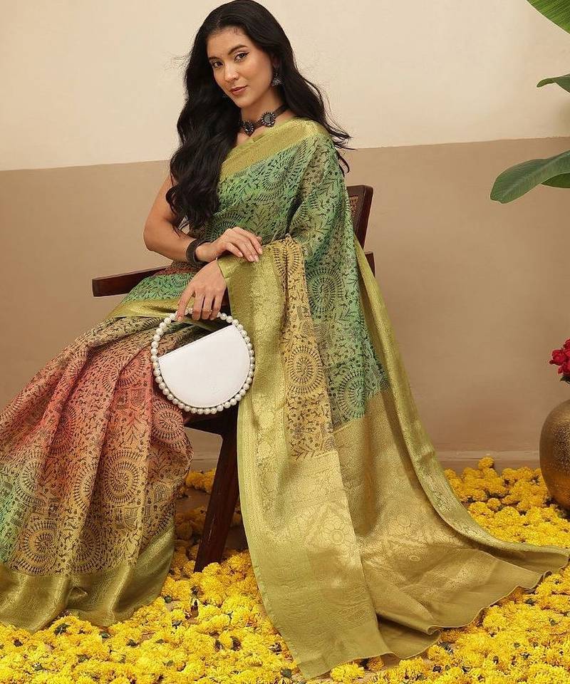 Multicolor printed tissue traditional saree with blouse piece