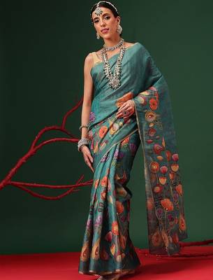 Teal printed silk cotton ethnic saree with blouse piece 1