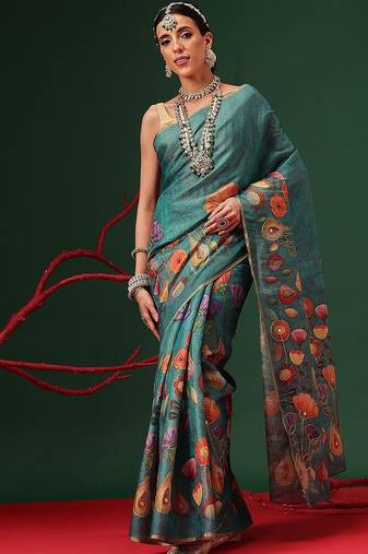 Teal printed silk cotton ethnic saree with blouse piece