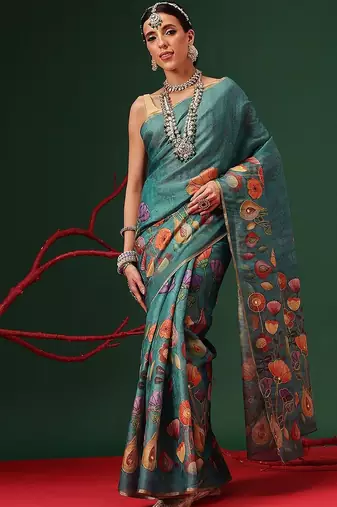 Teal printed silk cotton ethnic saree with blouse piece