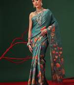 Teal printed silk cotton ethnic saree with blouse piece