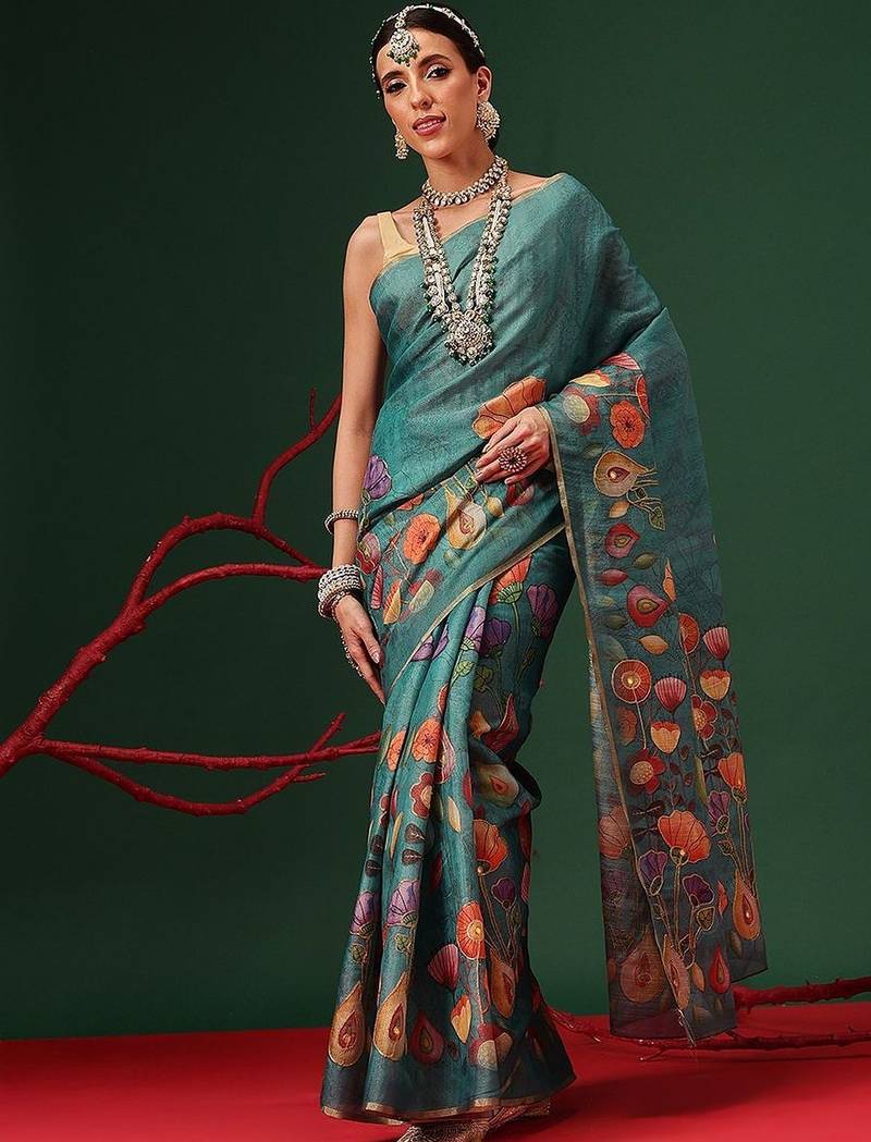 Teal printed silk cotton ethnic saree with blouse piece