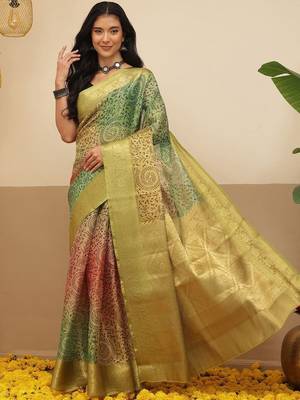 Multicolor printed tissue traditional saree with blouse piece 2