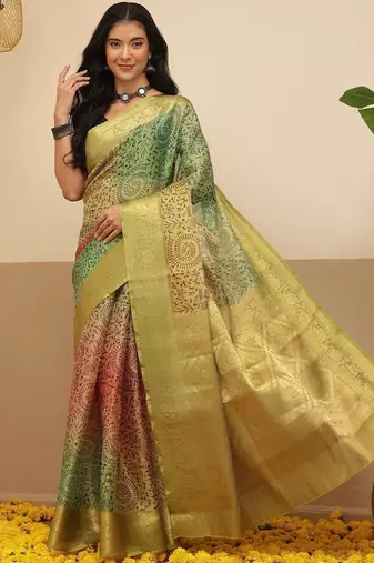 Multicolor printed tissue traditional saree with blouse piece