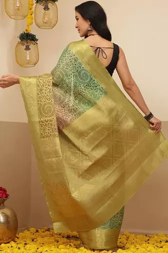 Multicolor printed tissue traditional saree with blouse piece