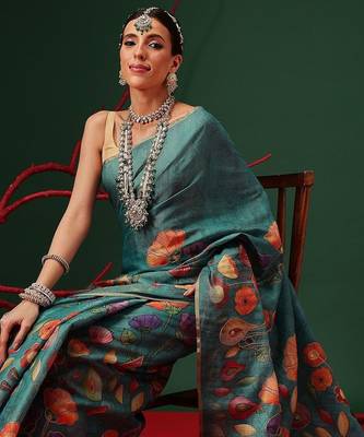 Teal printed silk cotton ethnic saree with blouse piece 2