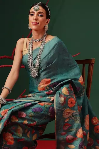 Teal printed silk cotton ethnic saree with blouse piece