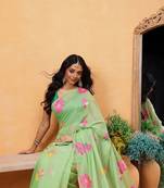 Green woven pure cotton ethnic saree with blouse piece