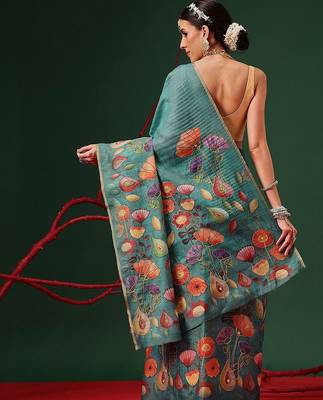 Teal printed silk cotton ethnic saree with blouse piece 3