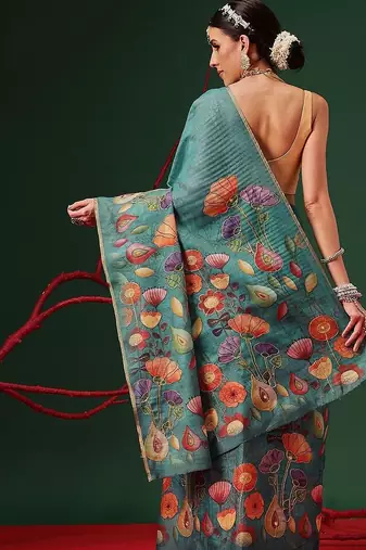 Teal printed silk cotton ethnic saree with blouse piece
