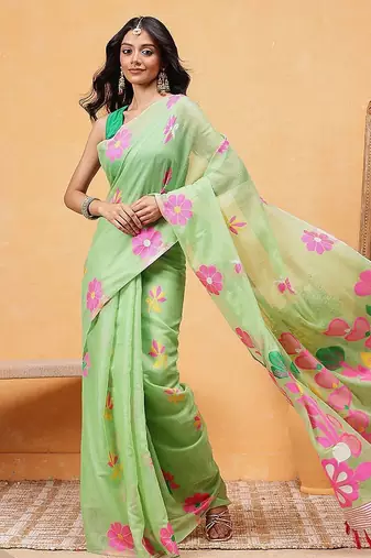 Green woven pure cotton ethnic saree with blouse piece
