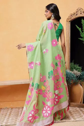 Green woven pure cotton ethnic saree with blouse piece