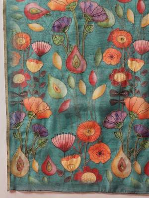 Teal printed silk cotton ethnic saree with blouse piece 4