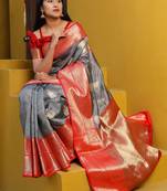 Grey woven cotton blend traditional saree with blouse piece