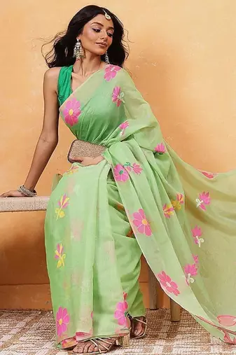 Green woven pure cotton ethnic saree with blouse piece