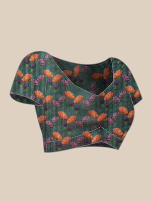 Teal printed silk cotton ethnic saree with blouse piece 5