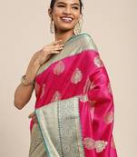 Pink woven cotton blend traditional saree with blouse piece