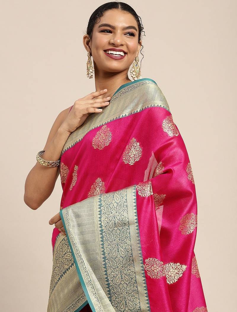 Pink woven cotton blend traditional saree with blouse piece