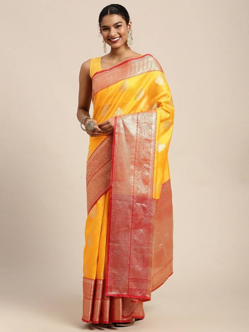 Yellow woven cotton blend traditional saree with blouse piece