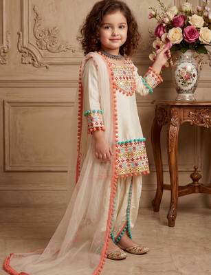 cream heavy dull satin salwar suit set with embroidery work with real mirrors work with heavy less - designer party wear 2