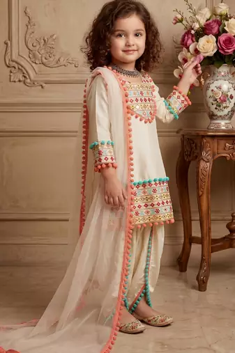cream heavy dull satin salwar suit set with embroidery work with real mirrors work with heavy less - designer party wear