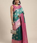 Teal woven cotton blend traditional saree with blouse piece