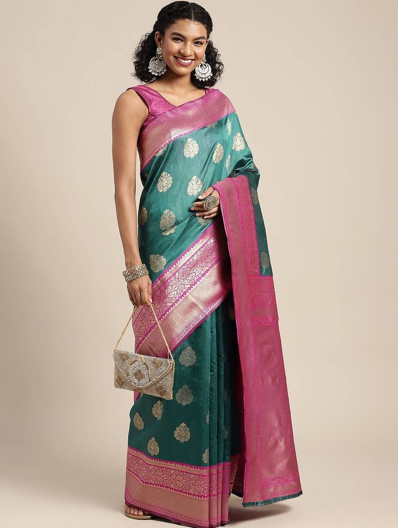 Teal woven cotton blend traditional saree with blouse piece