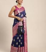 Navy blue woven cotton blend traditional saree with blouse piece