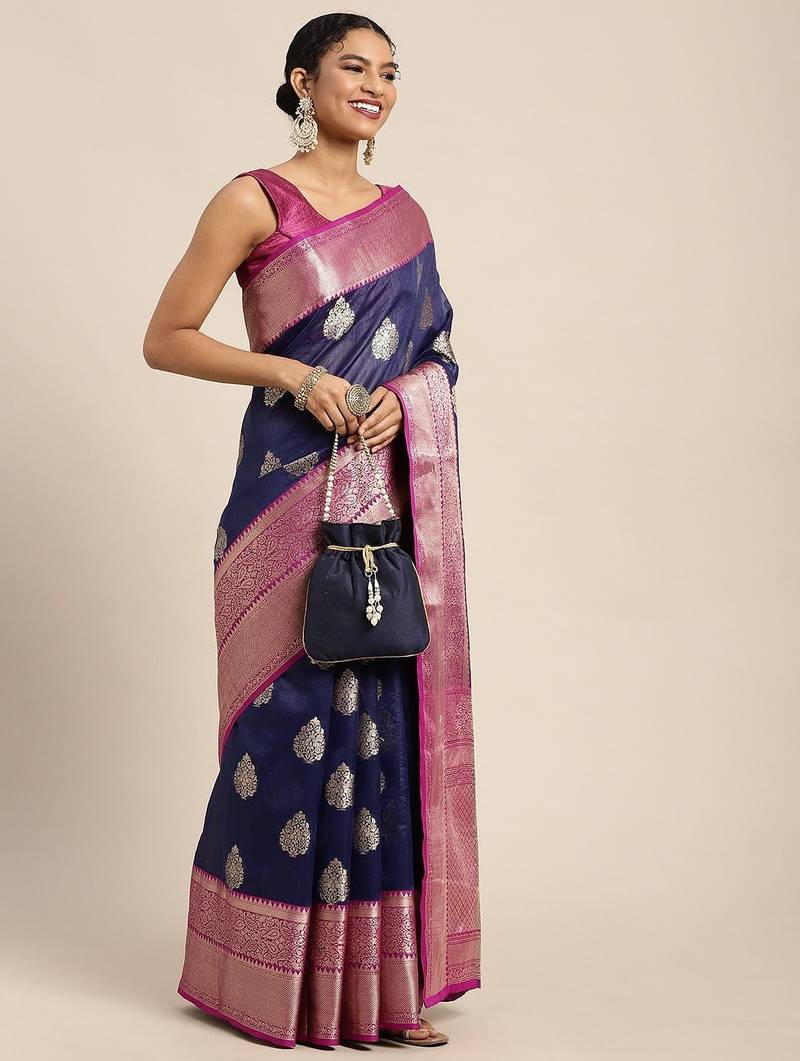 Navy blue woven cotton blend traditional saree with blouse piece