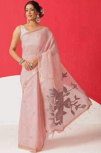 Pink embroidered cotton blend traditional saree with blouse piece