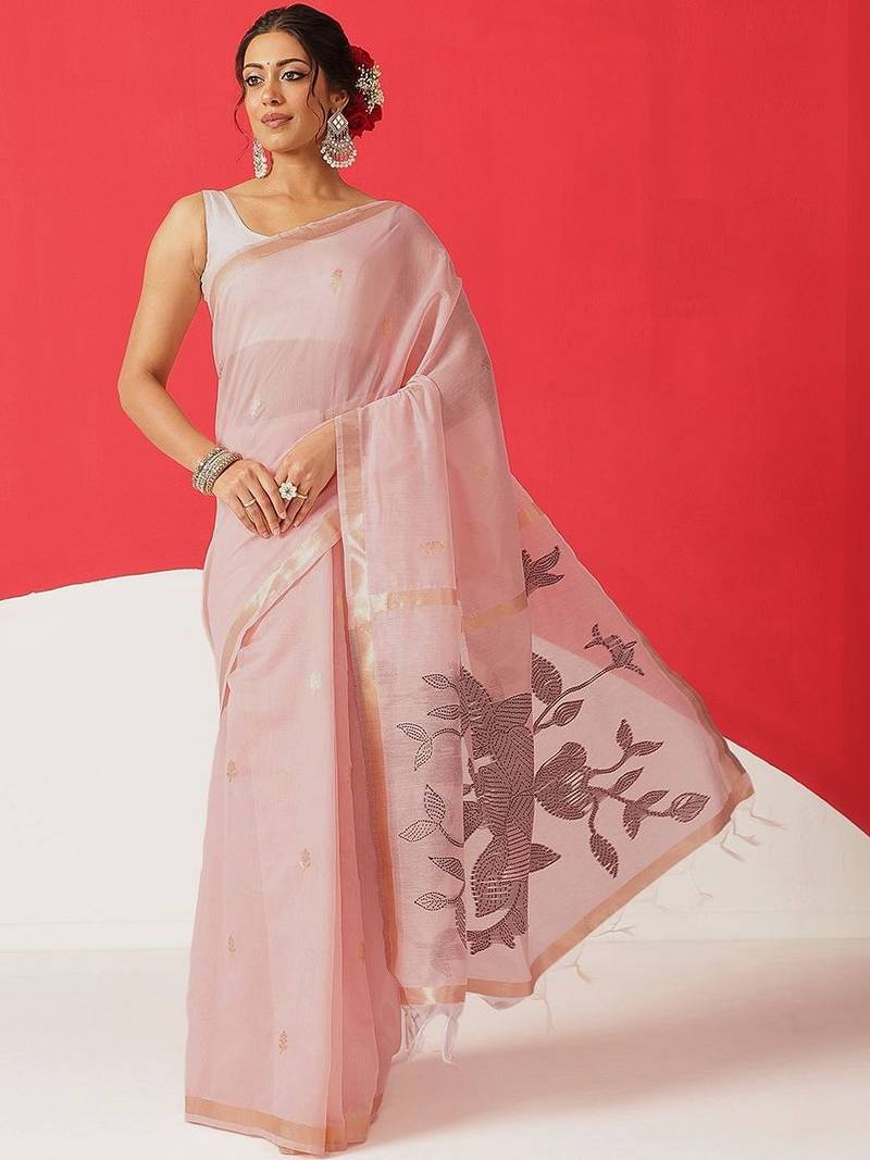 Pink embroidered cotton blend traditional saree with blouse piece