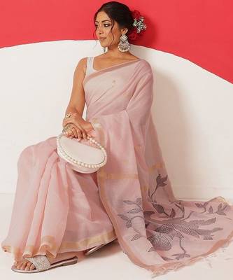 Pink embroidered cotton blend traditional saree with blouse piece 2