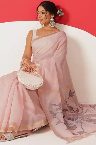 Pink embroidered cotton blend traditional saree with blouse piece