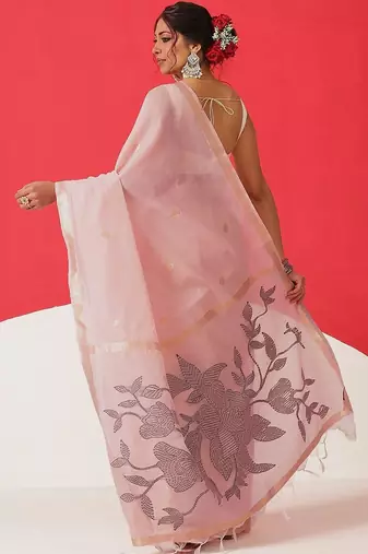 Pink embroidered cotton blend traditional saree with blouse piece