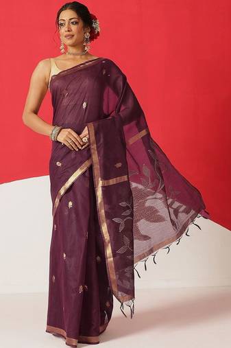 Purple woven cotton blend traditional saree with blouse piece