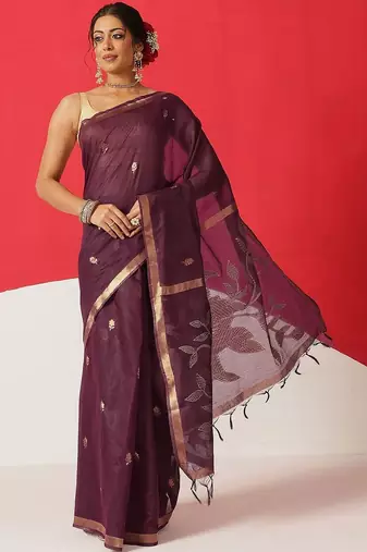 Purple woven cotton blend traditional saree with blouse piece