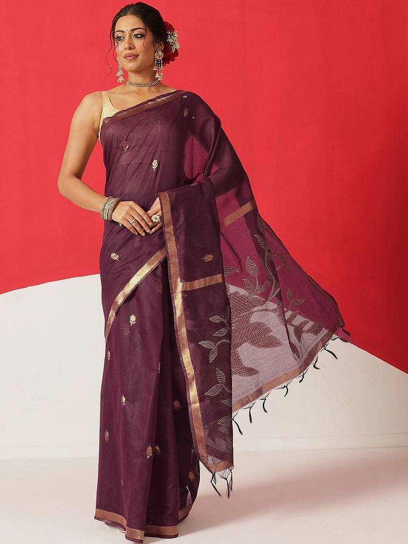 Purple woven cotton blend traditional saree with blouse piece