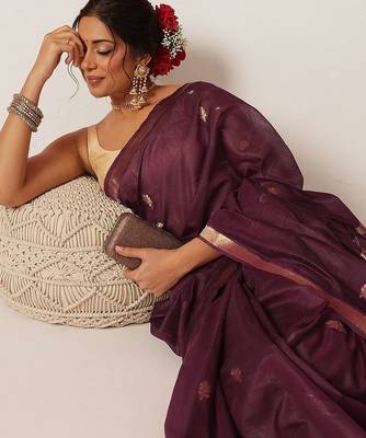 Purple woven cotton blend traditional saree with blouse piece 2
